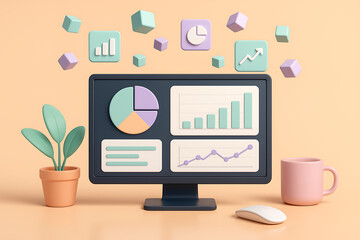 3d illustration representing business data analysis and financial graphs on a desktop monitor, showing market growth, reporting, and success metrics on a dashboard with a plant and coffee cup