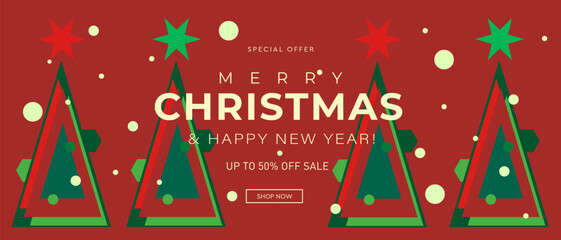 Merry Christmas and Happy New Year  2026 in Red, Gold, Green Colors. Modern Design for Advertising, Web, Social Media, Posters, Banners, Covers. 3D Background in Vector Illustration.