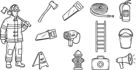 Obraz premium Firefighter doodle set with equipment and tools in black and white
