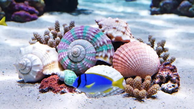 A tropical marine display with a vibrant palette surgeonfish swimming past a beautiful arrangement of diverse and colorful seashells on the white sand