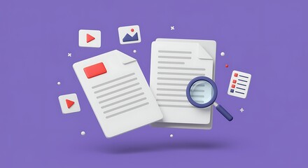 Documents and Media Search with Magnifying Glass Concept for Business Data and Content Management Solutions Illustration