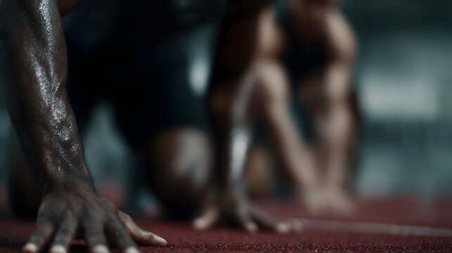 A focused athlete prepares for a sprint race from the starting blocks on a track