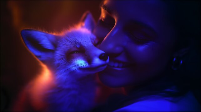 Warm intimate portrait of person cuddling thin futuristic foxlike creature with holographic glow