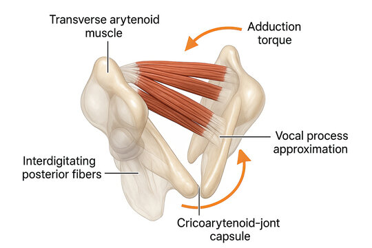 Anatomical illustration of the transverse arytenoid muscle and its role in vocal process approximation for voice production.