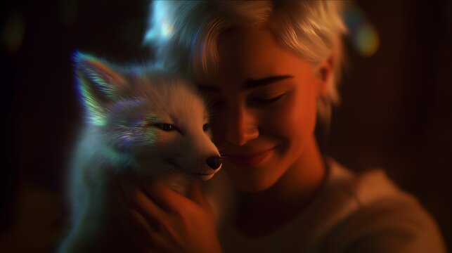 Warm intimate portrait of person cuddling small futuristic foxlike creature with holographic glow