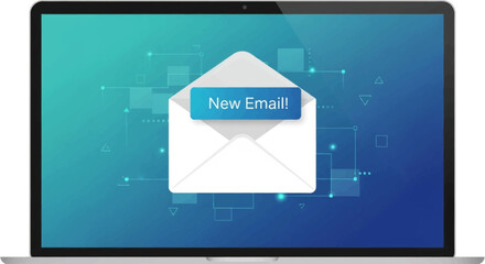 Fototapeta premium Laptop screen displaying a new email notification with an open envelope icon on a blue gradient background.