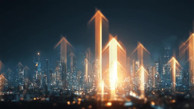 Digital City Growth: Illuminated arrows soar above a cityscape at night, representing progress, innovation, and the upward trajectory of a modern urban landscape.