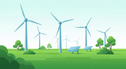A serene landscape featuring multiple wind turbines and solar panels amidst lush green fields and trees, symbolizing renewable energy. © Lariss