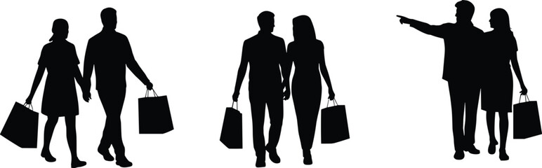Silhouette illustration of shopping couple holding hands, man and woman carrying bags, romantic partners walking together, retail lifestyle, consumerism, black vector design