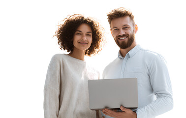  a couple of young professional people looking at a laptop, transparent background