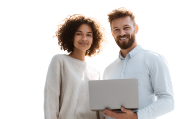  a couple of young professional people looking at a laptop, transparent background
