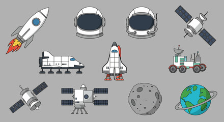 A collection of stylized vector icons depicting space travel elements on a gray background © Faisal