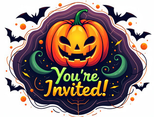 A bright and colorful Halloween invitation with a pumpkin, spider webs, and bats