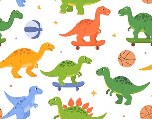 Cute dinosaurs playing sports on a white background