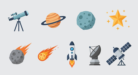 Eight flatdesign space icons arranged in two rows against a light background © Faisal