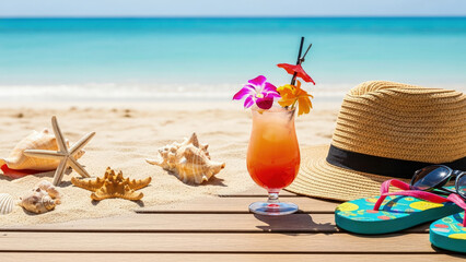 Beach scene with cocktail, hat, flip-flops, and seashells on sand.
