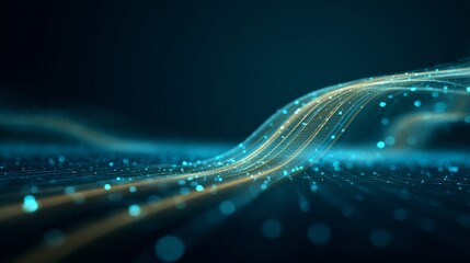 Abstract digital wave with glowing blue and yellow lines on dark background, futuristic technology wallpaper