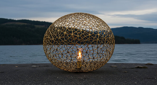 Mysterious glowing orb of intricate golden latticework sits by the water's edge, illuminating the twilight with a warm inner light and serene landscape - Powered by Adobe