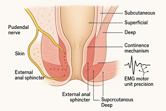 Anatomical illustration of the anal sphincter and pudendal nerve