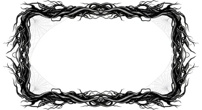 A dark, eerie rectangular frame made of twisted, gnarled tree branches and intricate spiderwebs, perfect for Halloween, spooky themes, or gothic designs.