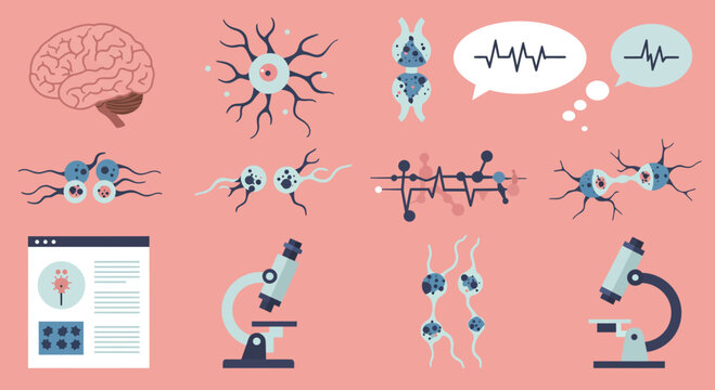 Pink background illustration depicting brain neurons electrical signals and lab equipment - Powered by Adobe