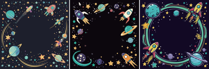Brightly colored rockets and planets fill a playful space-themed design perfect for childrens activities. Stars, moons, and colorful planets create an imaginative backdrop.
