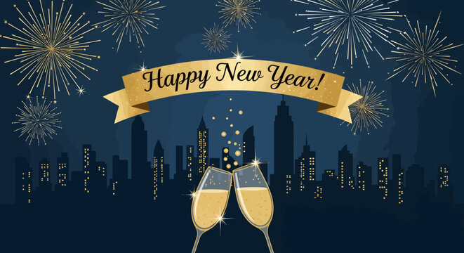 A festive New Year's Eve celebration with a champagne toast, fireworks, and a city skyline.