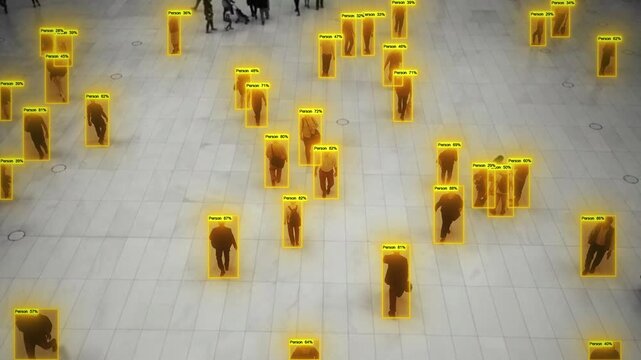 subway station with AI person detection tracking pedestrians in tunnel with confidence percentages. Tracking technology.