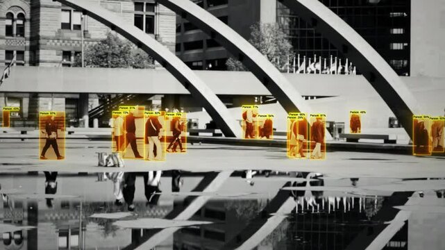 Modern pedestrian bridge with AI person detection system tracking people walking. Computer vision surveillance showing confidence percentages for each individual. Advanced tracking systems.