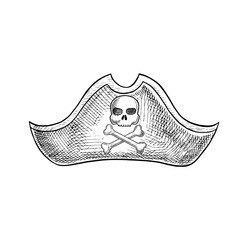 Pirate s tricorn hat. Black and white graphics, hand-drawn vector illustrations. For children s games and celebrations. For stickers, invitation cards, posters and banners, packaging, and more.