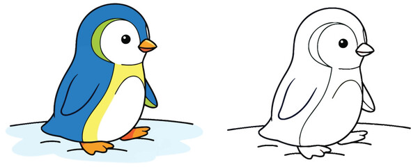 Cute Cartoon Penguin Character for Coloring Book or Children's Design