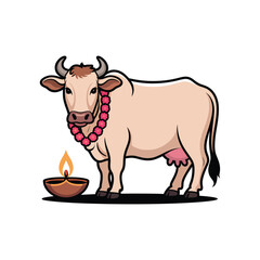 Lighted Diya and Cow with Flower Garland lamp flame