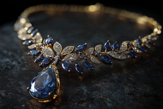 A luxurious gold necklace adorned with intricate leaf patterns, sparkling diamonds, and vibrant blue sapphires, featuring a prominent pear-shaped central gem.