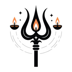 Black trident with orange flames and oil lamps shiva