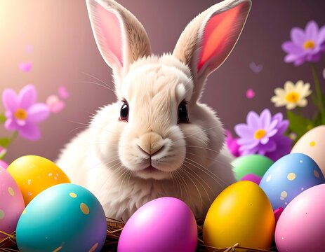 Cute Easter bunny surrounded by colorful eggs and flowers