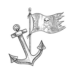 Pirate flag and anchor. Black and white graphics, hand-drawn vector illustrations. For children s games and celebrations. For stickers, invitation cards, posters and banners, packaging, and more.