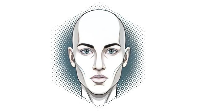 Face chart illustration of bald man with green eyes for makeup artists and beauty professionals guide on transparent background