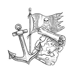 Pirate flag, anchor, and treasure map. Black and white graphics, hand-drawn vector illustrations. For children s games and celebrations. For stickers, cards, posters and banners, packaging, and more.