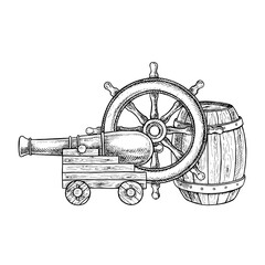An old cannon, a ship s wheel, and a barrel. Black and white graphics, hand-drawn vector illustrations. For children s games and celebrations. For stickers, posters and banners, packaging, and more.