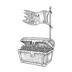 An old chest with gold coins and a pirate flag. Black and white graphics, vector illustrations. Hand-drawn illustrations. For children s games and celebrations. For stickers, posters, banner and more.