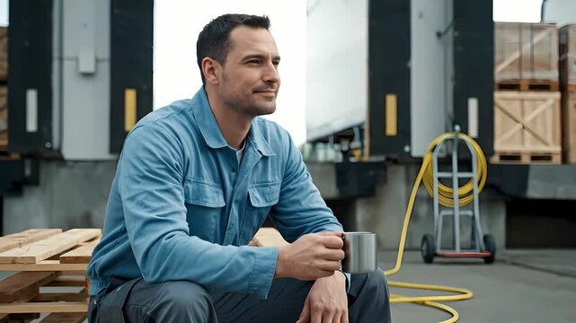 Confident blue-collar worker enjoying a moment of quiet contemplation and satisfaction during a coffee break at a warehouse loading dock
