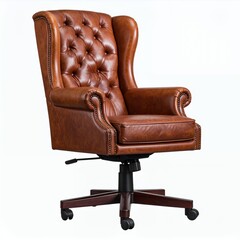 Luxurious brown leather wingback office chair, elegant design for workspace decor with comfort and style white background