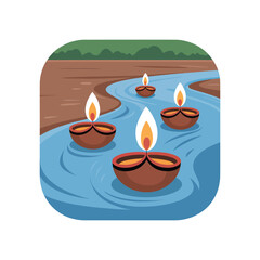 Floating diyas on a river with green hills lamp oil lamp