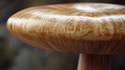 Hyperrealistic image of a smooth wooden darning mushroom, showcasing the detailed texture of the polished wood grain.
