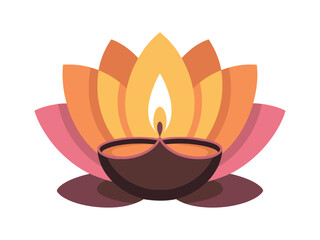 Lotus flower with lit diya oil lamp flame light