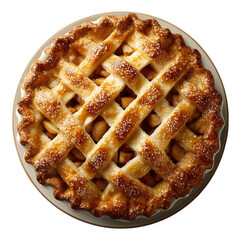 Golden brown apple pie with lattice crust placed on plate isolated on transparent background holiday dessert
