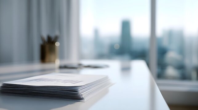 A minimalist office desk displaying a stack of business reports with a bright blurred city skyline visible through the window
