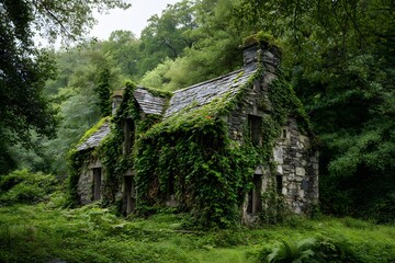 An overgrown stone cottage surrounded by lush greenery
