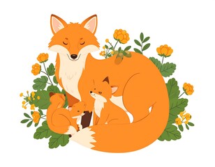 Cute fox family nestled in flowers