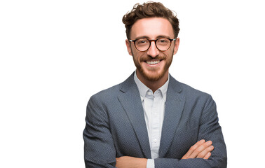  a happy man in his thirties, wearing glasses and business attire with arms crossed